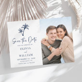 Save The Date Tropical Beach Palm Tree Navy Blue Mariage Photo