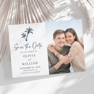 Save The Date Tropical Beach Palm Tree Navy Blue Mariage Photo
