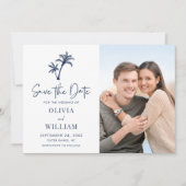 Save The Date Tropical Beach Palm Tree Navy Blue Mariage Photo (Devant)
