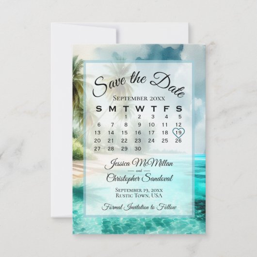 Save The Date Tropical Beach Watercolor Chic Calendar Wedding  (Devant)