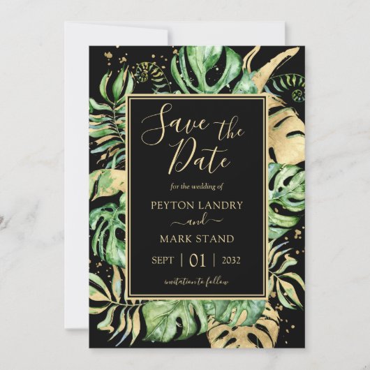 Save The Date Tropical Feuille moderne Black & Gold Frame (Devant)