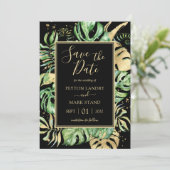 Save The Date Tropical Feuille moderne Black & Gold Frame (Debout devant)
