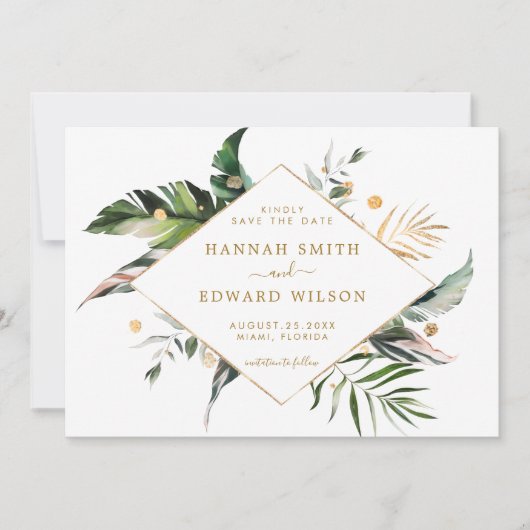 Save The Date Tropical Foliage Gold Mariage Photo Enregistrer La (Devant)