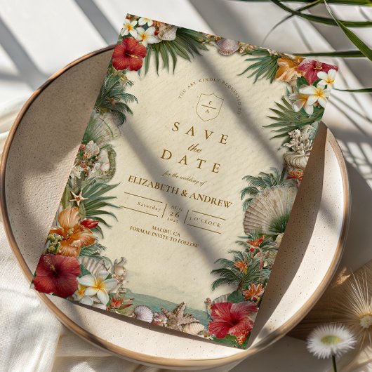 Save The Date Tropical Hibiscus Seashell Wedding