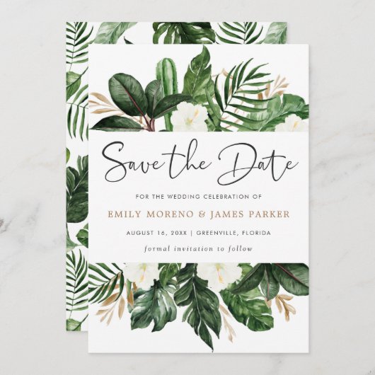 Save The Date Tropical Moderne Palm Cactus Blanc Floral (Devant / Derrière)