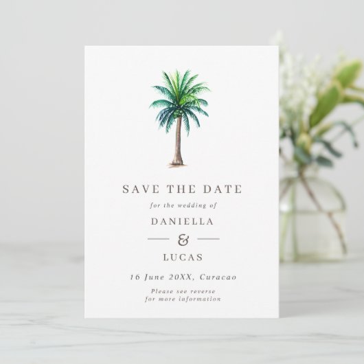 Save The Date Tropical Palm Tree Destination Wedding QR Code (Debout devant)