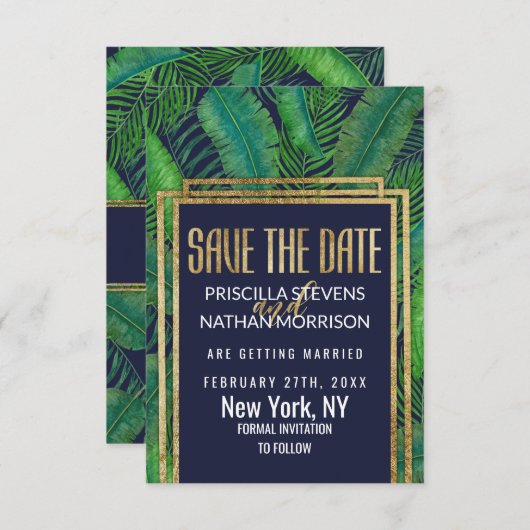 Save The Date Tropical Palm Tree Greenery Or Marine Bleu (Devant / Derrière)