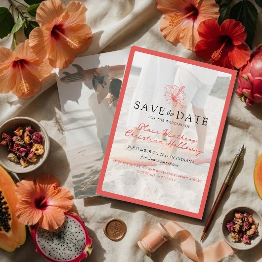 Save The Date Tropical Pink Hibiscus Double Sided Photo Wedding