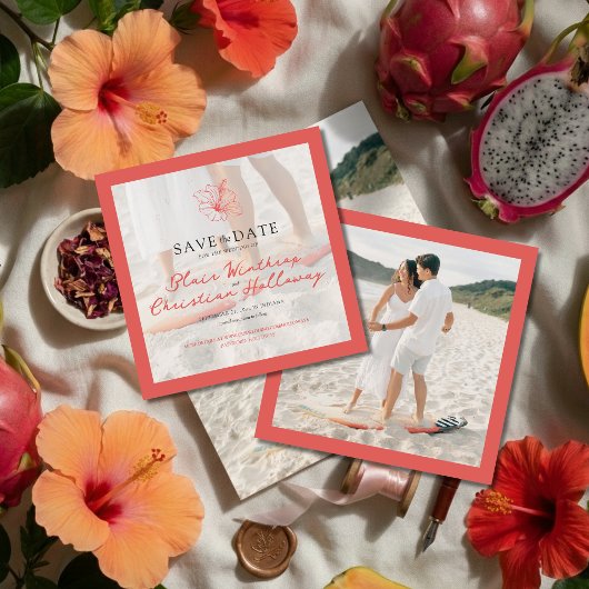 Save The Date Tropical Pink Hibiscus Double Sided Photo Wedding