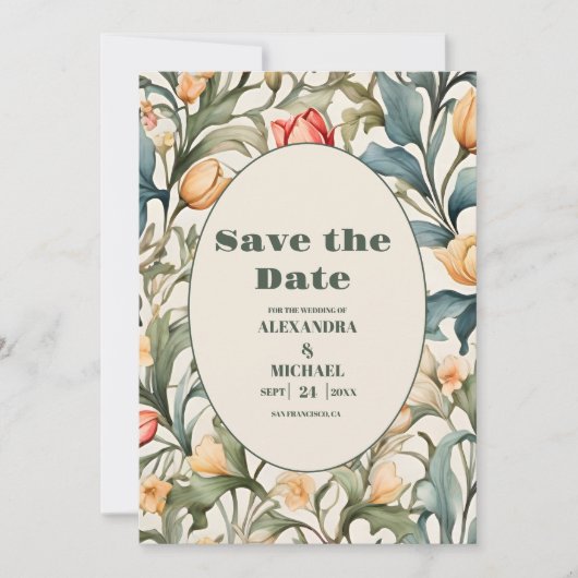 Save The Date Tulipes d'aquarelle William Morris Mariage (Devant)