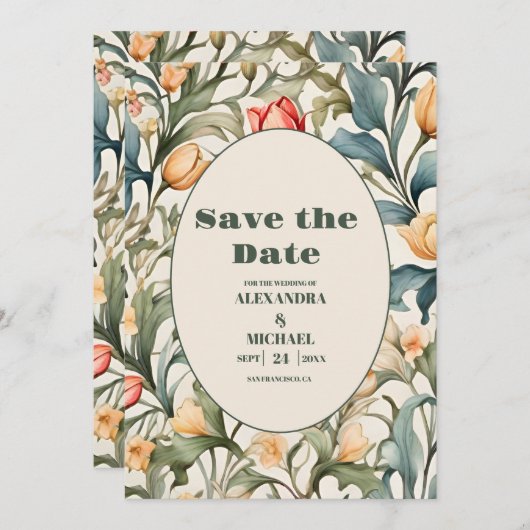 Save The Date Tulipes d'aquarelle William Morris Mariage (Devant / Derrière)