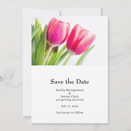 Save The Date Tulipes roses avec Mariage photo Feuille vert (Devant)