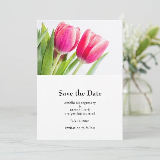 Save The Date Tulipes roses avec Mariage photo Feuille vert (Debout devant)