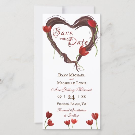 Save The Date Tulipes rouges, couronne de coeur d'amour avec Mar (Devant)