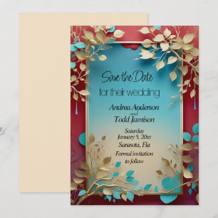 Save The Date Turquoise beige feuille rouge cadre mariage
