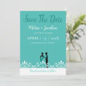 Save The Date Turquoise Blanc Élégant Mariage Mariée et Salle (Debout devant)