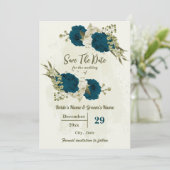 Save The Date turquoise bleu beige fleurs mariage botanique (Debout devant)