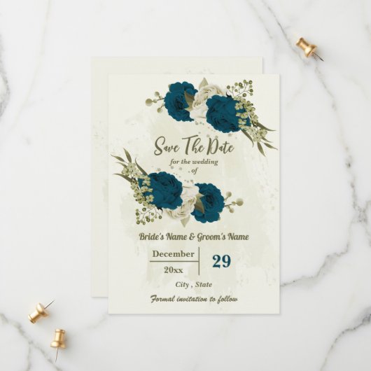 Save The Date turquoise bleu beige fleurs mariage botanique (Devant/Arrière en situation)
