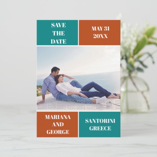 Save The Date Turquoise bleu, couleur rouille bloc mariage Enreg (Debout devant)