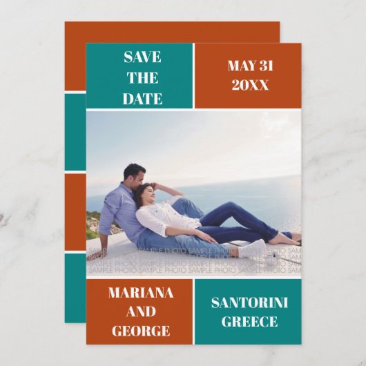 Save The Date Turquoise bleu, couleur rouille bloc mariage Enreg (Devant / Derrière)