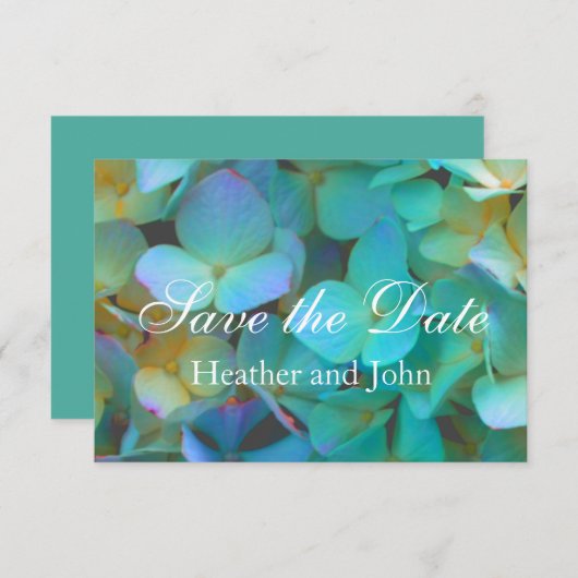Save The Date Turquoise bleu jaune rose hydrangée fleurs florale (Devant / Derrière)