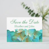Save The Date Turquoise bleu jaune rose hydrangée fleurs florale (Debout devant)