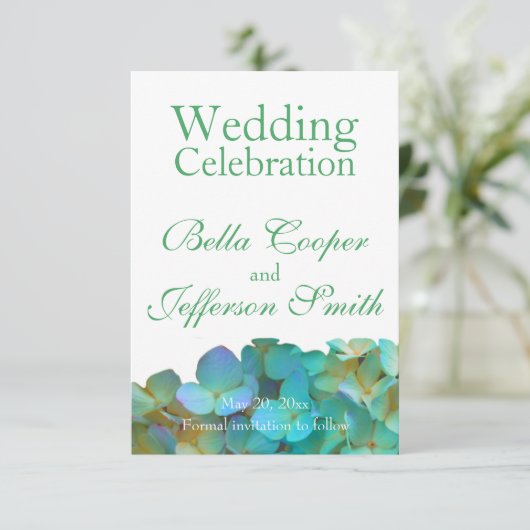 Save The Date Turquoise bleu jaune rose hydrangée fleurs florale (Debout devant)