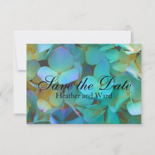 Save The Date Turquoise bleu jaune rose hydrangée fleurs florale (Devant)