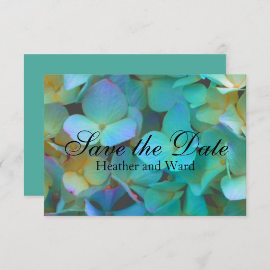 Save The Date Turquoise bleu jaune rose hydrangée fleurs florale (Devant / Derrière)
