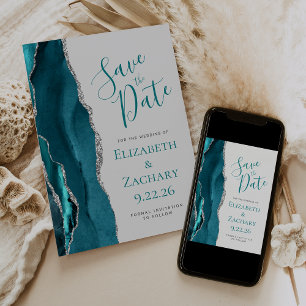 Save The Date Turquoise Blue Silver Agate Gris Enregistrer la ca
