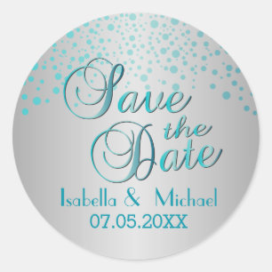 Save the date   Turquoise Blue Stippen   Personali Ronde Sticker