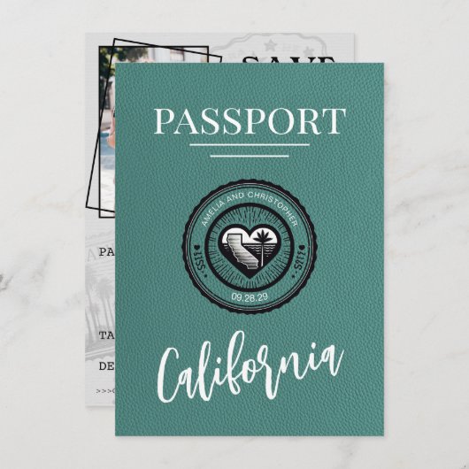 Save The Date Turquoise California Passport Enregistrer La Date (Devant / Derrière)
