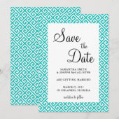 Save The Date Turquoise et blanc Motif de clé grecque diagonale (Devant / Derrière)