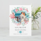 Save The Date Turquoise et Coral Summer Beach Wedding Photo Save (Debout devant)