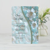 Save The Date Turquoise Floral Blanc Enregistrer La Date (Debout devant)
