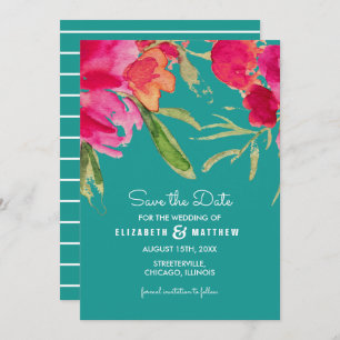 Save the date. Turquoise fuchsia bloemenbruiloft Kaart