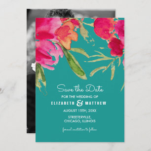 Save the date. Turquoise Fuchsia Floral Kaarten