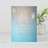 Save The Date Turquoise Gold Monogramme Nom Mariage initial (Debout devant)
