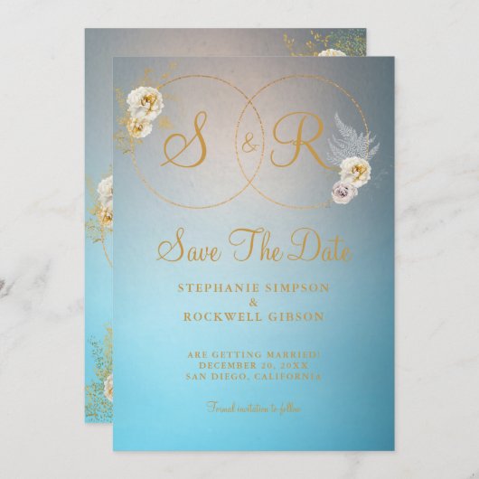 Save The Date Turquoise Gold Monogramme Nom Mariage initial (Devant / Derrière)
