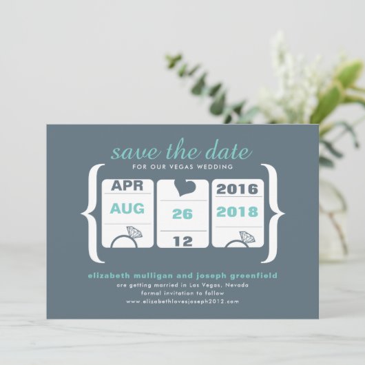 Save The Date Turquoise Gris Machine à fente Mariage Enregistrer (Debout devant)