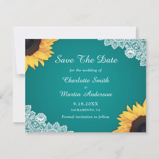 Save The Date Turquoise Lace Tournesol 3 Photo Collage Enregistr (Dos)