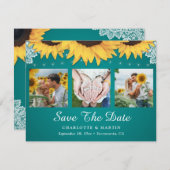 Save The Date Turquoise Lace Tournesol 3 Photo Collage Enregistr (Devant / Derrière)