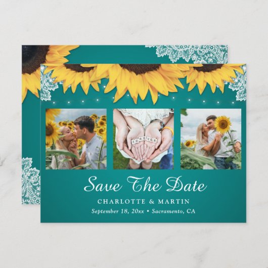 Save The Date Turquoise Lace Tournesol 3 Photo Collage Enregistr (Devant / Derrière)