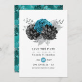 Save The Date Turquoise - Mariage floral noir et argenté (Devant / Derrière)