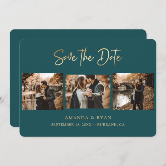 Save The Date Turquoise moderne et Gold Foil Mariage 3 Photo (Devant / Derrière)