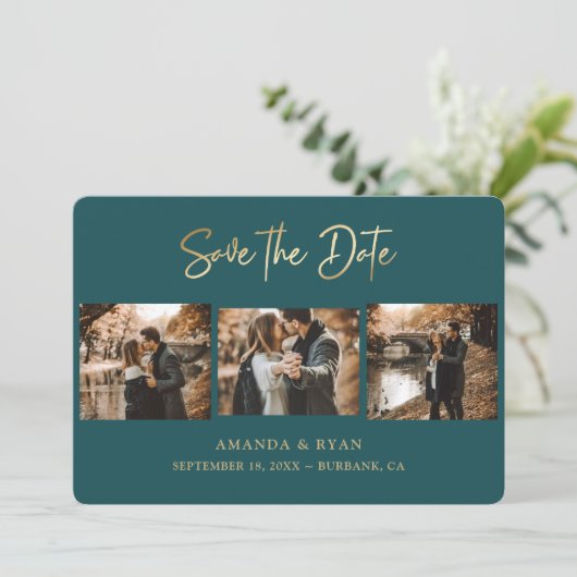 Save The Date Turquoise moderne et Gold Foil Mariage 3 Photo (Debout devant)