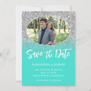 Save The Date Turquoise Ombre Ovale Photo Pailleté Argent
