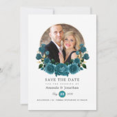 Save The Date Turquoise - Photo de mariage floral or et sarcelle (Devant)