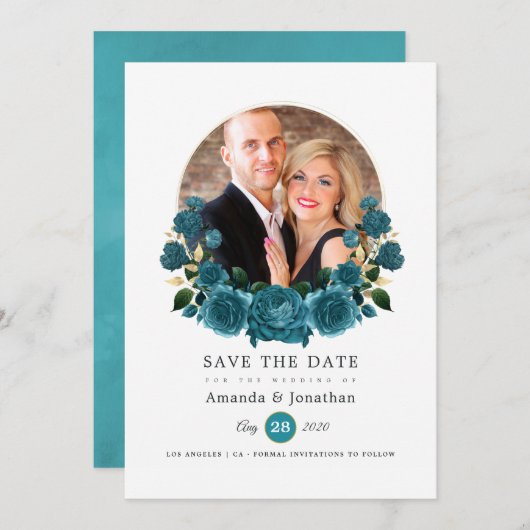 Save The Date Turquoise - Photo de mariage floral sarcelle et or (Devant / Derrière)
