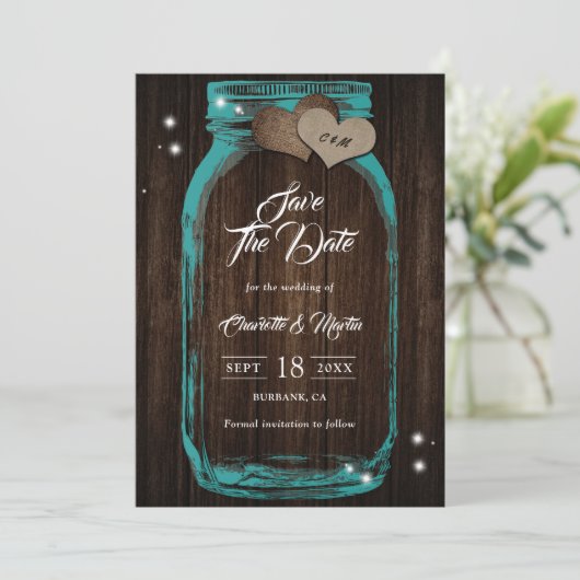 Save The Date Turquoise Rustique Burlap Coeurs Mason Jar Mariage (Debout devant)